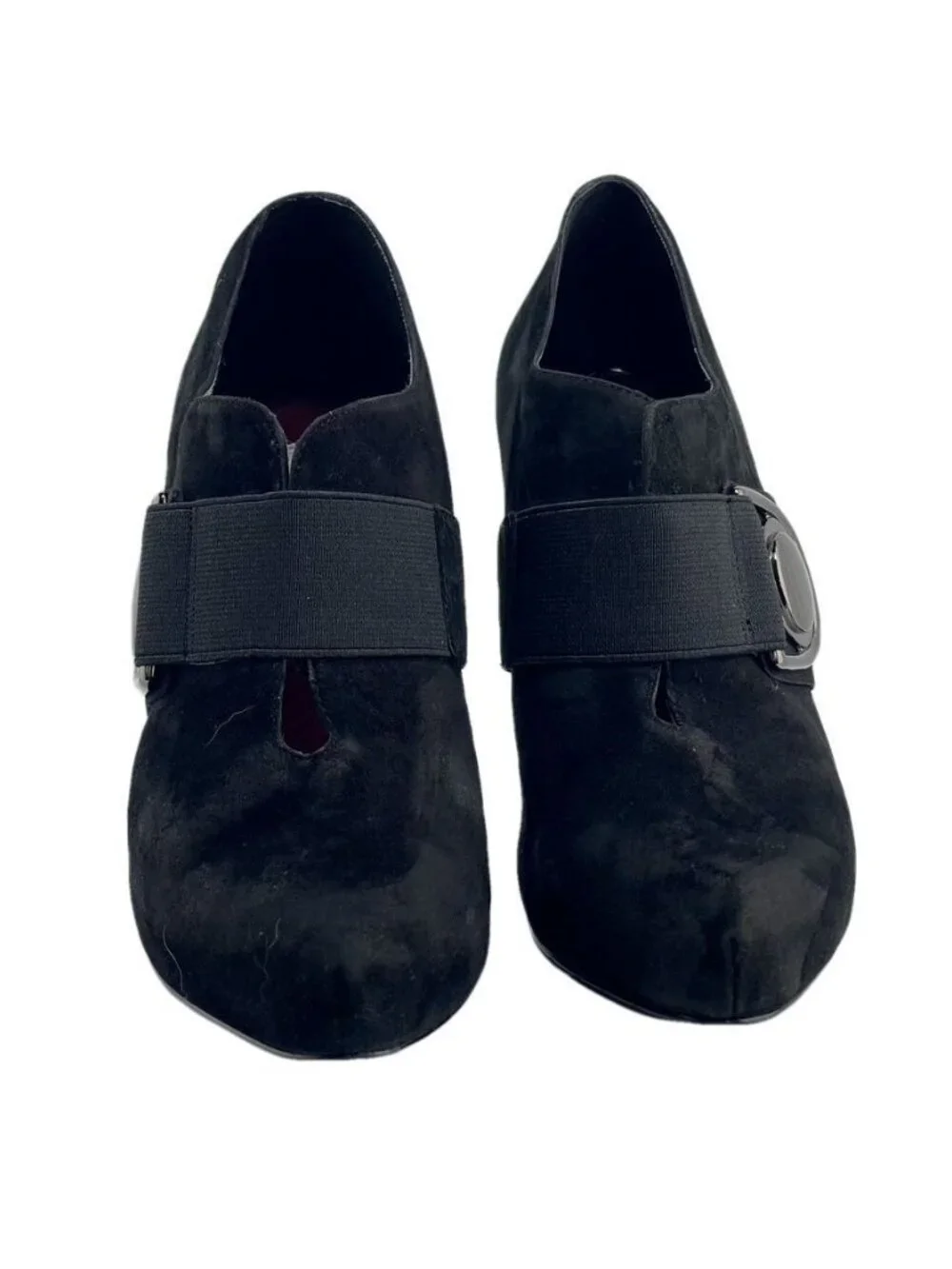 JESSICA SIMPSON Black Suede Heeled Booties With Large Buckle Accent